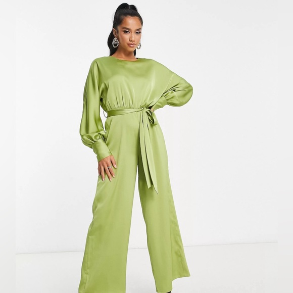 Lola May - Tie Waist Wide Leg Satin Jumpsuit in chartreuse green NWT - Picture 4 of 7